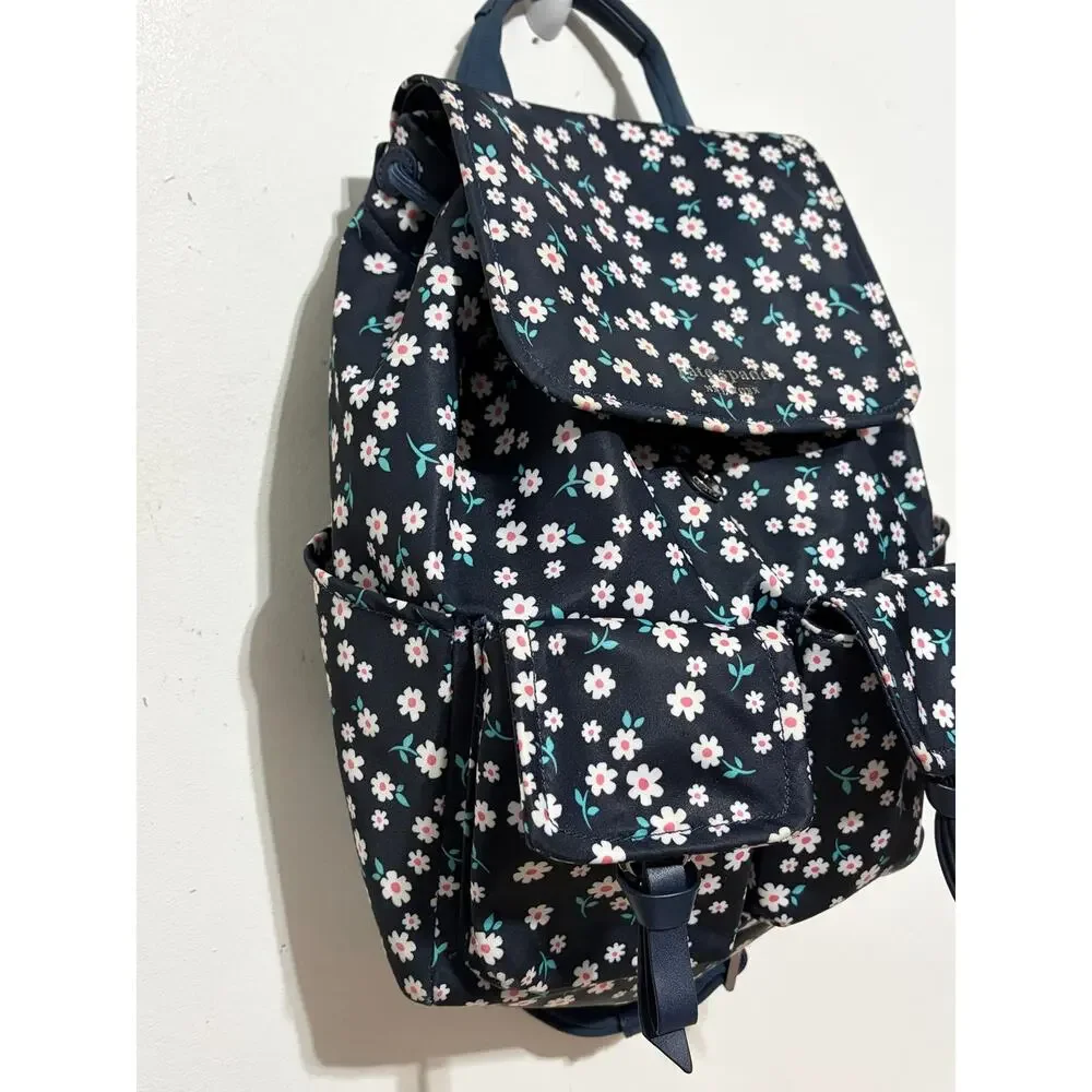 Kate Spade Floral Backpack Navy Daisy Print Nylon Drawstring Travel Bag